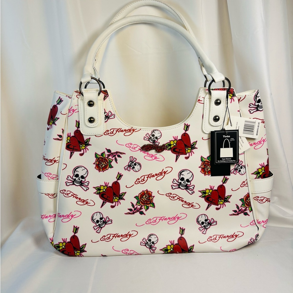 NWT Ed Hardy White Love Kills Slowly Tattoo Print Bag